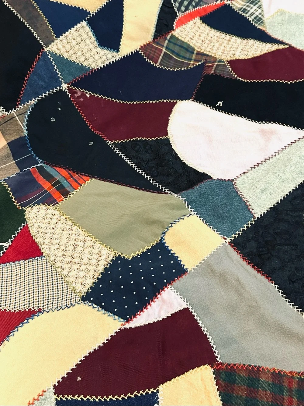 Antique Handmade Crazy Quilt, Folk Art, Hand Tied, Cottagecore Farmhouse 60x76